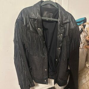 Black tassels button front leather jacket